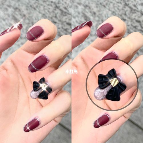 97红色磨砂77黑色钻石(蝴蝶结)美甲_钻石_蝴蝶结