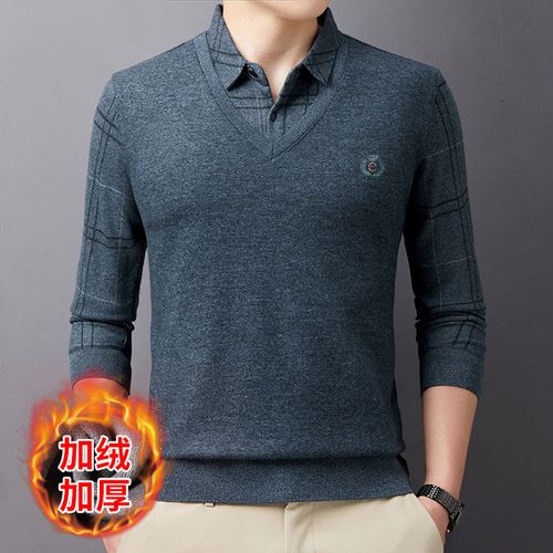 中青年假两件羊绒上衣加绒加厚男士保暖内衣休闲衬衫领打底针织衫