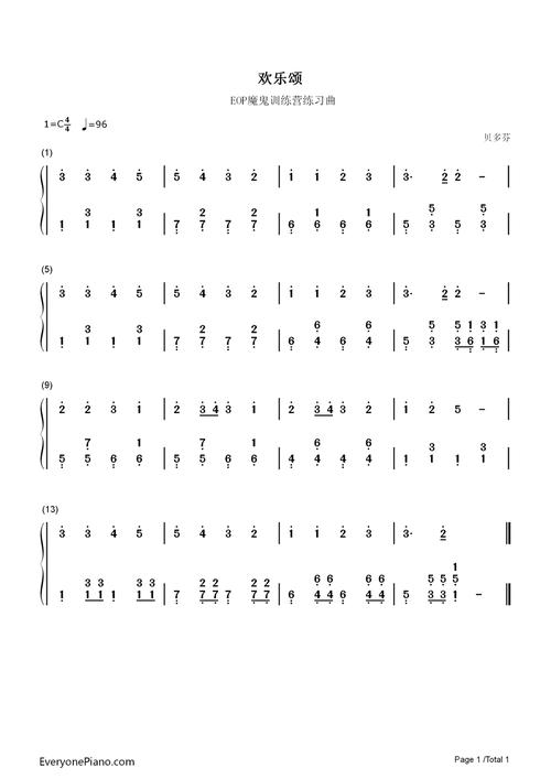 欢乐颂钢琴简谱-数字双手-贝多芬 beethoven