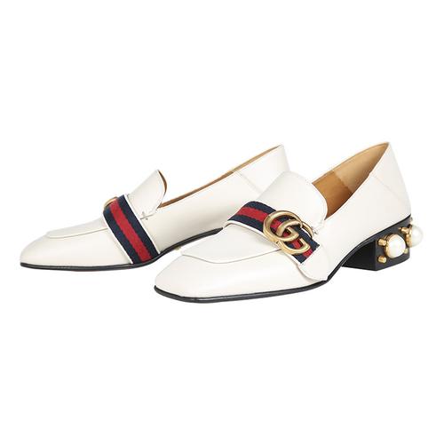 【17新品】gucci/古驰 双g扣真皮中跟 女士乐福鞋 423537dkhc0 米白色
