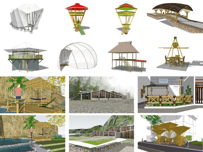 现代竹亭 凉亭 廊架 竹棚 构筑物su模型