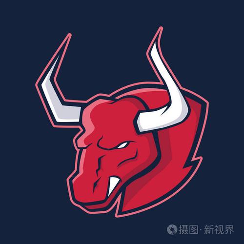 运动队的公牛吉祥物.公牛, 标志, 黑暗背景上的符号