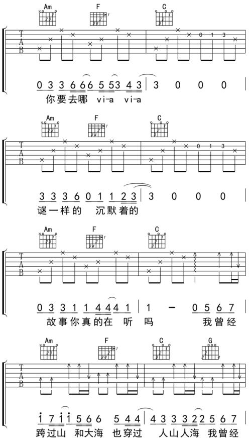 平凡之路吉他简谱完整版六线谱c调