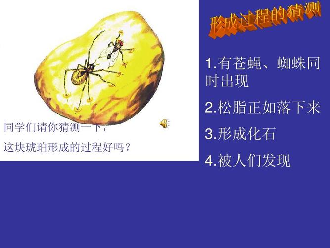 松脂正如落下来 同学们请你猜测一下, 这块琥珀形成的过程好吗?