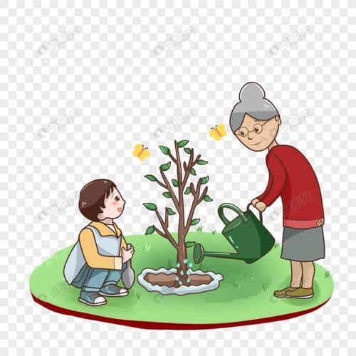 植树节带着孙子种树的奶奶