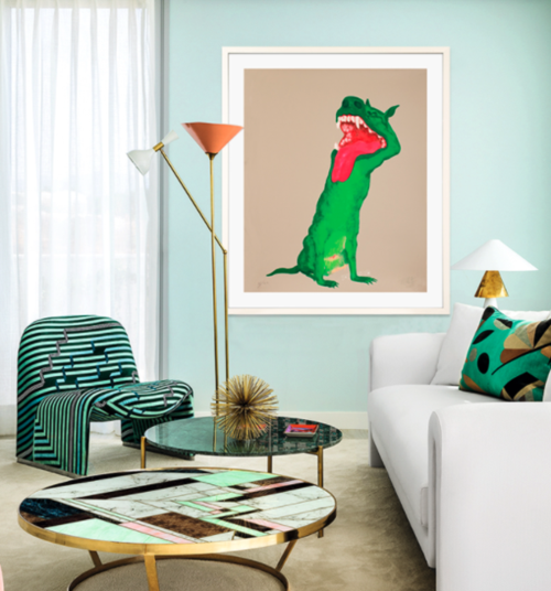 artmorn墨斗鱼艺术艺术品周春芽限量丝网版画绿狗80100cm外框尺寸手工