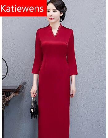 店喜婆婆婚宴装装高贵礼服长袖夏装喜妈妈旗袍醋酸缎婚礼连衣裙洋气