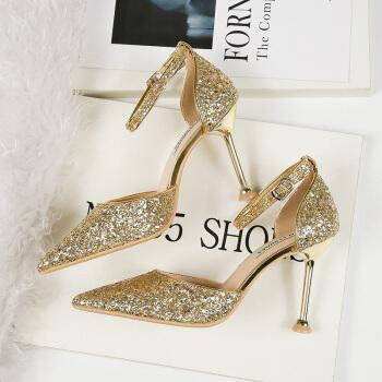 6015晚礼高跟鞋欧美水晶鞋亮片高跟鞋女一字带包头凉鞋细跟婚纱鞋