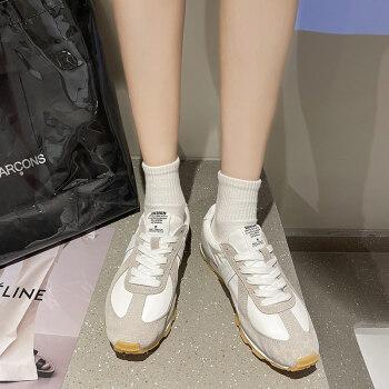 德训鞋华夫阿甘拼色小白鞋女2021春秋新款老爹板鞋轻便跑步运动鞋白色