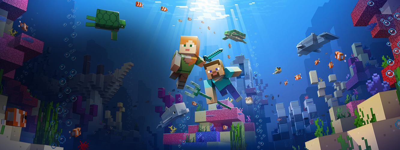 zwei minecraft-charaktere erkunden ein unterwasserbiom