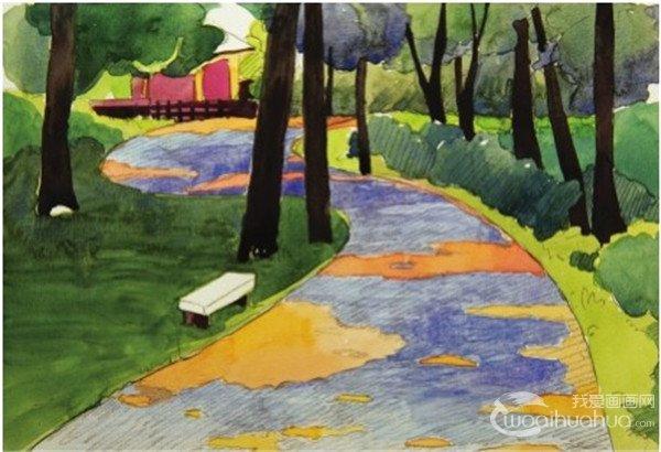 水彩s形构图示例林间小径绘制步骤七