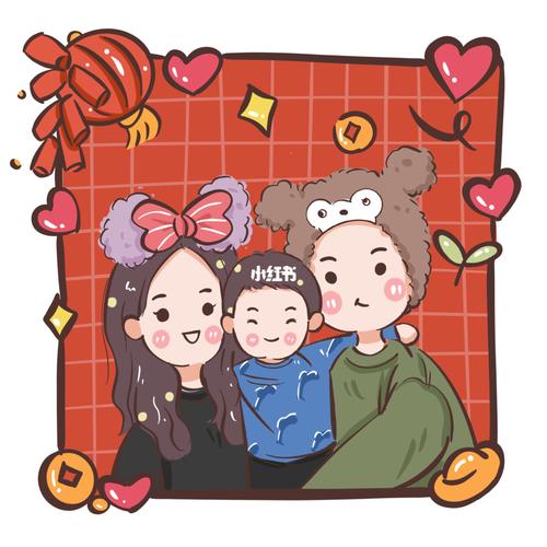 中国红|幸福的一家人|新年头像 节日风满满_新年去哪玩_手绘_全家福