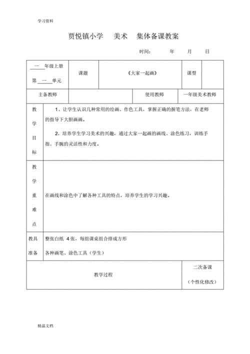 最新美术一级上册集体备课教案doc资料pdf66页