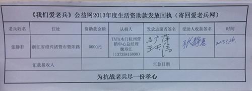 tata魏寿江资助浙江诸暨张静君2013年度生活资助款50.