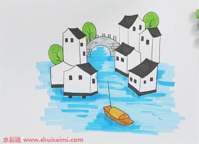 江南水乡风景怎么画江南水乡风景简笔画漂亮卡通