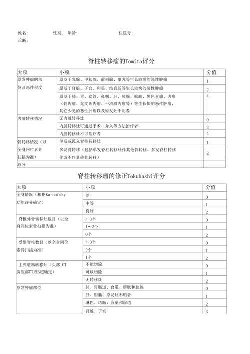 脊柱转移瘤tomita评分及是否手术评估