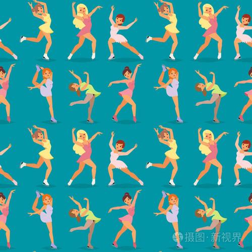 花样滑冰运动员女性矢量美容运动女孩做运动和技巧跳跃人物舞者性能