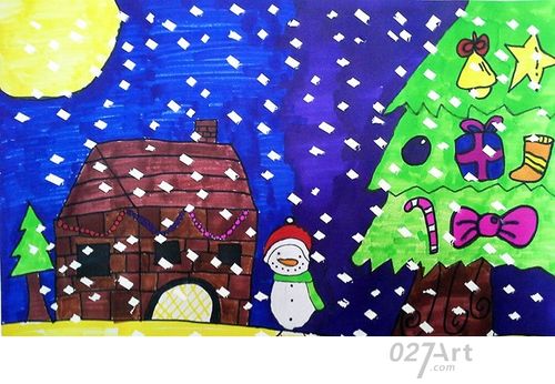 冬天的图画儿童画小屋旁边的雪人