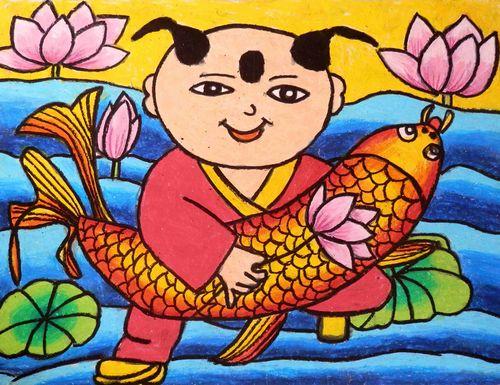 《福娃抱鱼》/少儿绘画作品/儿童画/网络美术馆_中国少儿美术教育网