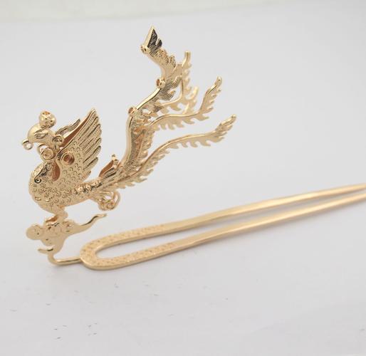 古风汉服头饰铸铜手工錾刻立体凤簪 明制凤冠挑牌偏凤新娘发簪
