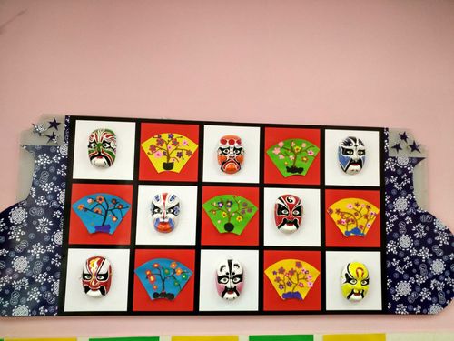 对面的墙壁上是以京剧脸谱和泥塑作品相插进行的环创布置.