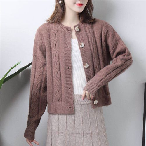 秋季新款ins软糯绒感粗针绞花单排扣针织复古开衫短款毛衣外套女