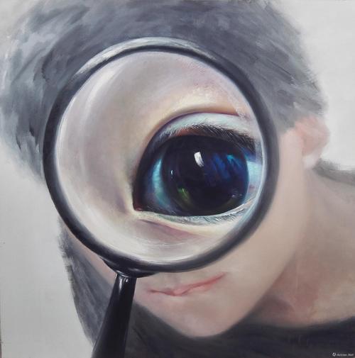 《放大镜之五—看世界》  吴霞靓 100x100cm 2015年 布面油画