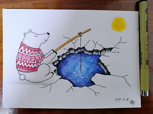 彩铅手绘北极熊垂钓