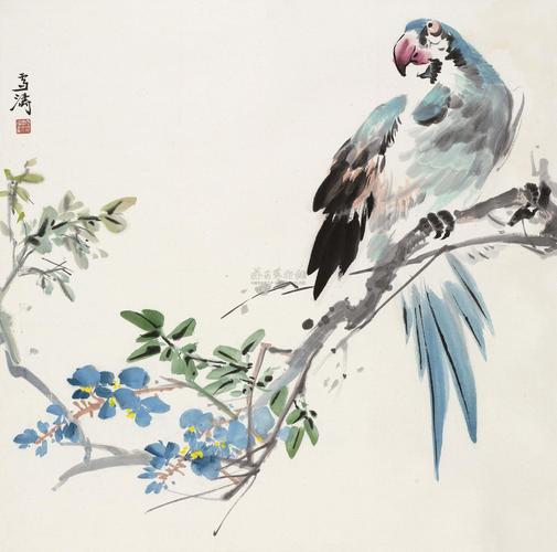 0205 花卉鹦鹉 立轴 设色纸本