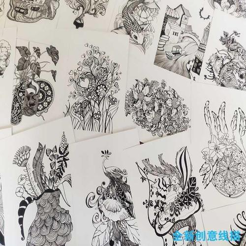 儿童黑白线描画临摹卡低高年级小学生风景潮流创意美术绘b画几何