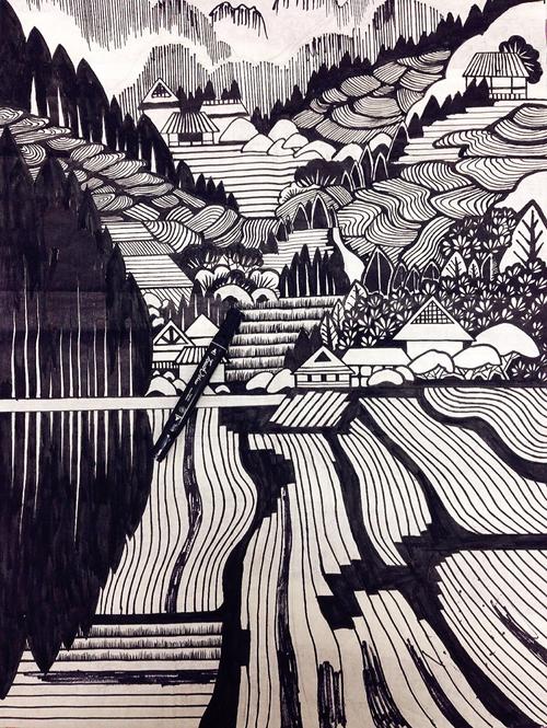 最近做版画的毕设用黑马克和墨汁画的黑白