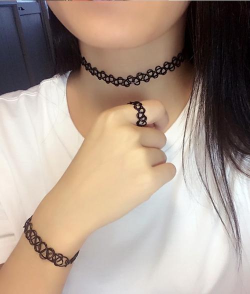 锁骨项链三件套_三件套欧美复古饰品脖链黑色纹身鱼线简约项链颈带