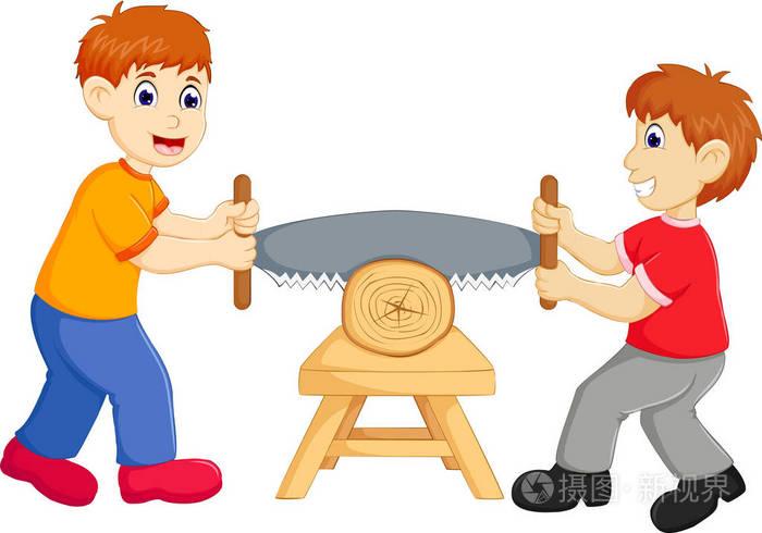 英俊的男孩卡通锯木头微笑