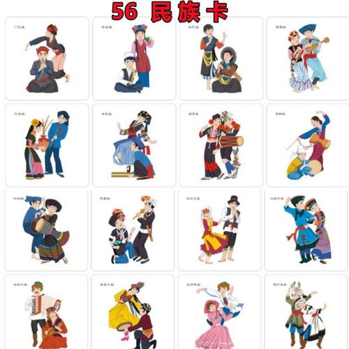 56个民族图片大全绘画,一套56个民族简笔画 56个民族卡片五十六个少数民族卡通人物素材闪卡早教