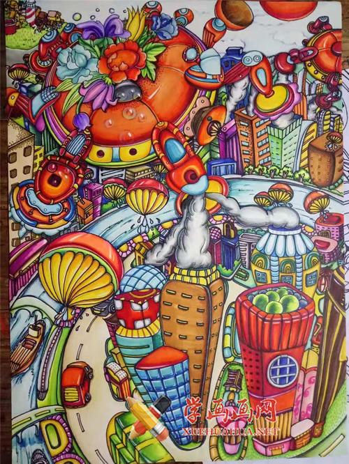 一等奖小学生环保科幻画《城市雾霾处理》