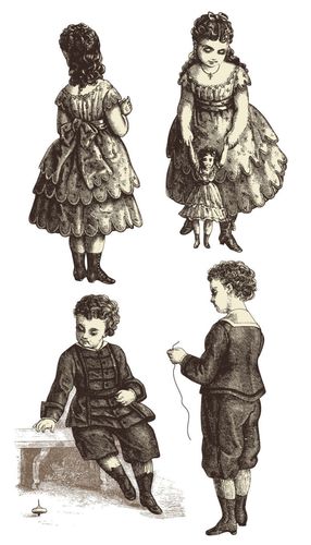 复古欧美儿童设计矢量素材,素材格式:eps,素材关键词:女孩,男孩,插画