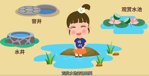 小朋友自己或和别的小朋友一起在家周围的水井,窨井,观赏水池旁边玩耍