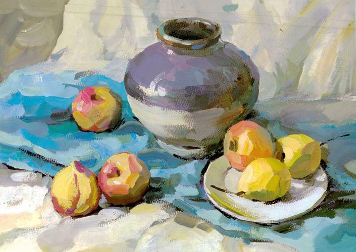 美术高考色彩水粉静物写生_罐子,白盘子,水果组合