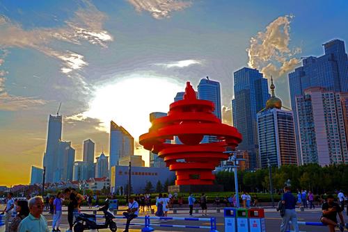 五四广场和奥帆中心傍晚景色!