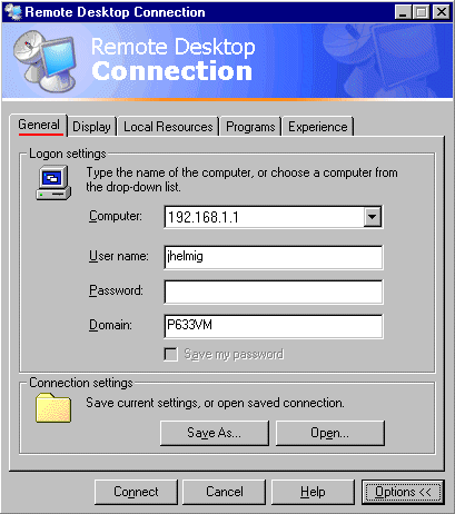 name and password, to be used to connect to the windows xp prof