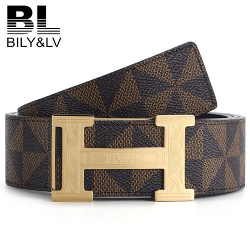 bily&lv正品皮带男板扣皮带头层牛皮非代购平滑扣奢华真皮裤腰带