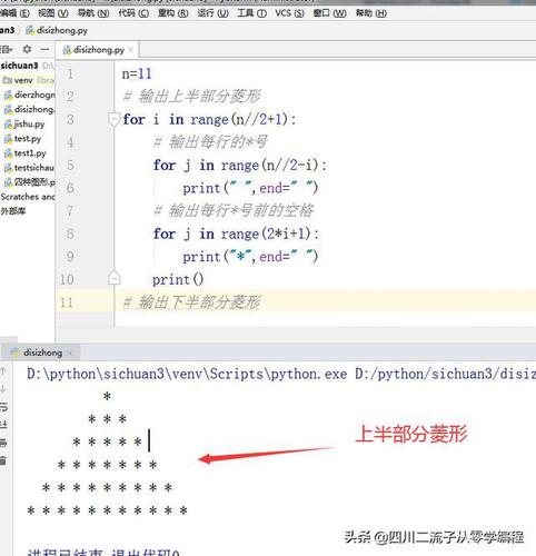 学习编程第154天python编程for循环输出菱形图