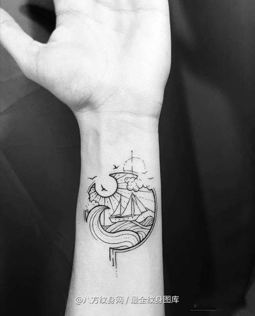 小清新线条几何小臂海帆船纹身刺青图案参考