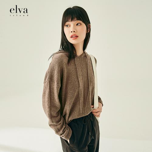 elva" island连帽休闲针织衫女卫衣款宽松长袖2021年秋冬新款百搭