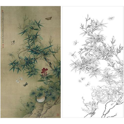 有步骤大彩图李晓明工笔画白描底稿意临宋人竹虫图轴多种白描尺寸可选