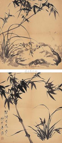 0593 兰竹图 双挖轴 水墨纸本