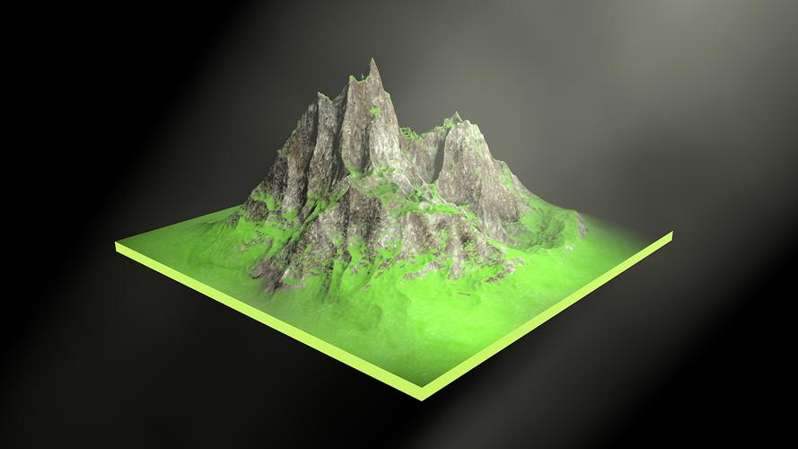 c4d制作的一个山峰模型展示,难点是山峰上绿色苔藓的材质.