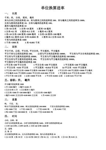 小学数学单位换算进率表大全