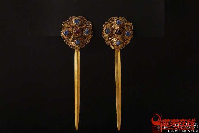 明代 金垒丝镶红蓝宝石灵芝头发簪一对,颜值古物,宝藏