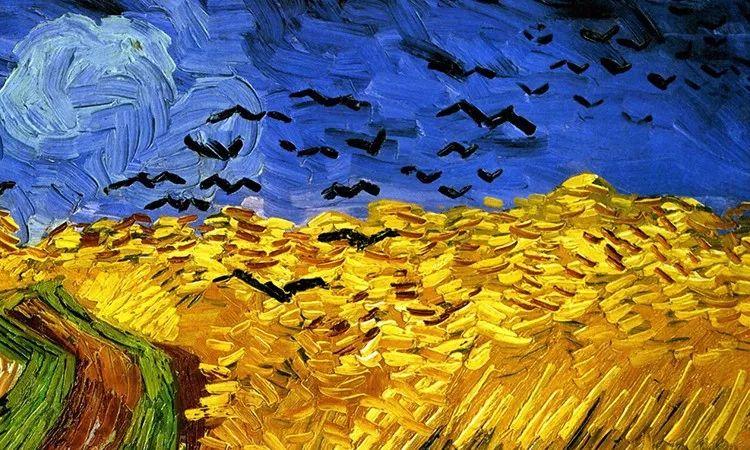 一阵风吹来,金色的麦浪翻滚着 几只乌鸦叫着飞向了天空 麦田中央,一个